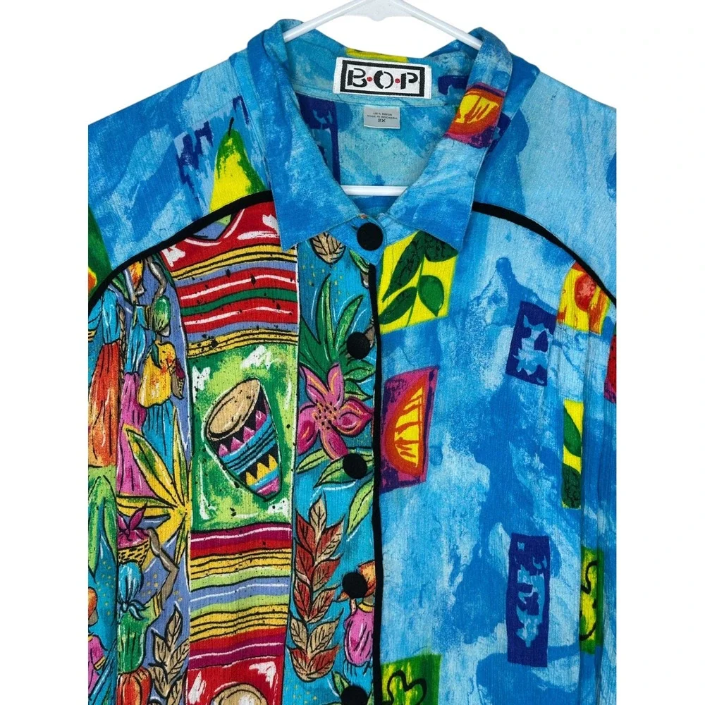 BOP Button Shirt 2X Blue Multi Caribbean Novelty Print Art to Wear Rayon Top - Picture 4 of 8